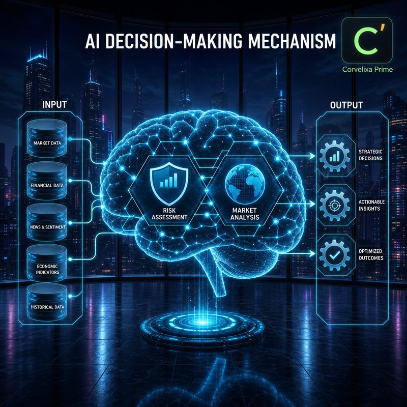 Diagrama del motor predictivo Corvelixa Prime con nodos de analisis de riesgo y mercado en arquitectura neuronal