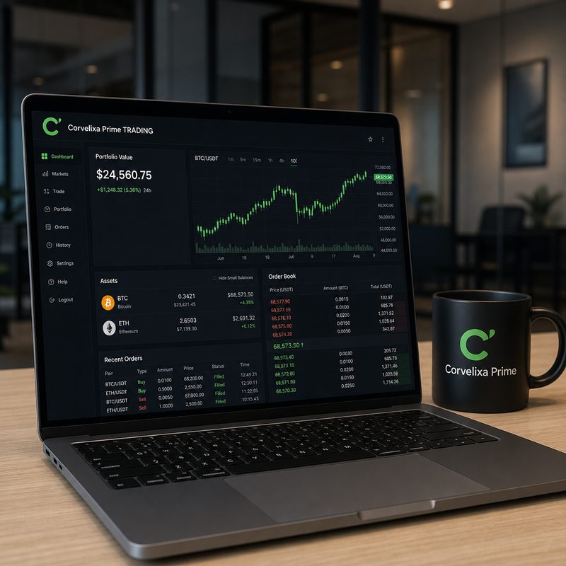 Tablero Corvelixa Prime mostrando profundidad de mercado y portafolio multi-activo en notebook