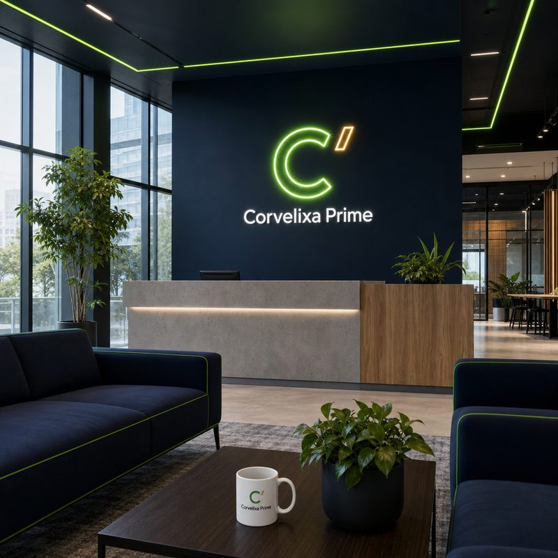 Recepcion de la sede central Corvelixa Prime con iluminacion LED verde y logo institucional sobre pared azul