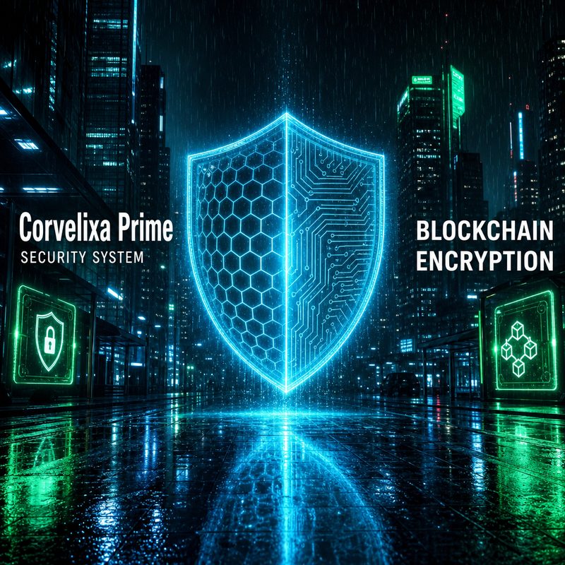 Escudo digital Corvelixa Prime sobre arquitectura urbana representando proteccion multicapa de activos