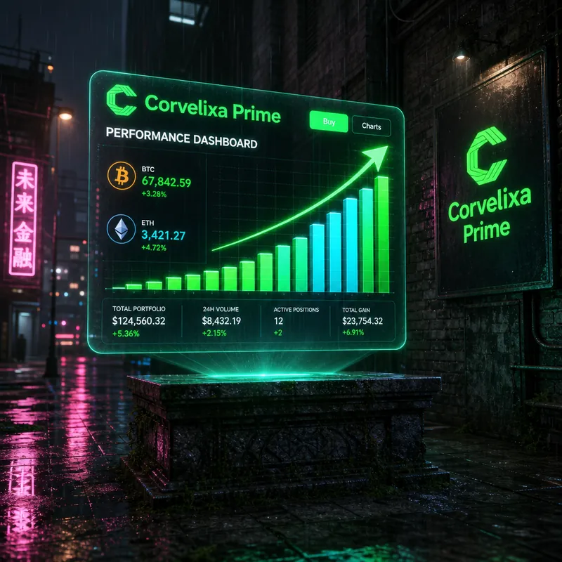Tablero de rendimiento Corvelixa Prime con curvas verdes ascendentes proyectadas en pantalla urbana
